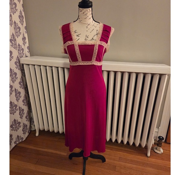 Hot Kiss Dresses & Skirts - Y2K Hot Kiss Pink Lace Trim Empire Waist Midi Dress Coquette Fairycore Sz S